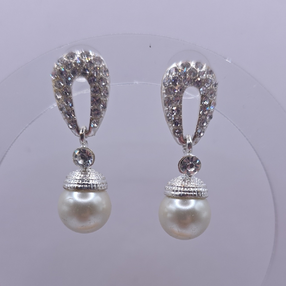 Elegant Silvertone and Faux Pearl Crystal Drop Earrings